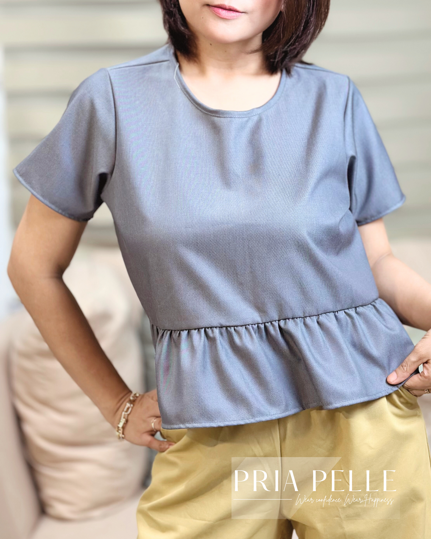 Pria Pelle Aiko Top - Premium Cotton Blend Women's Blouse | Chambray Blend Gray - Non Stretch