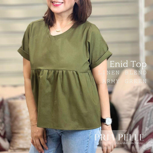 Pria Pelle Enid Elegant Top - Premium Linen Blend Women's Blouse in Army Green (Non Stretch)