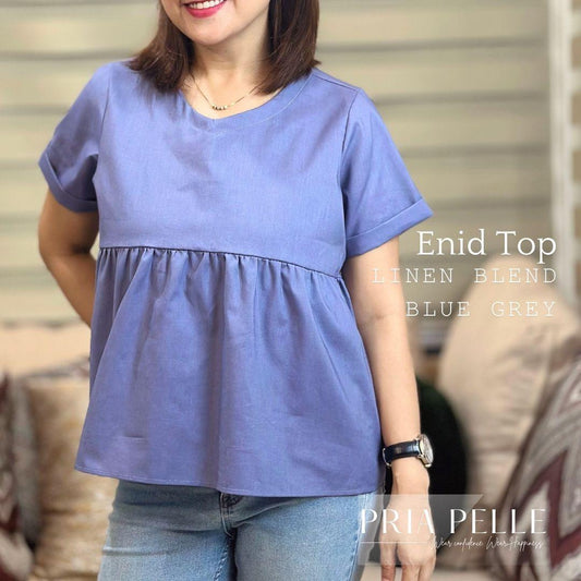 Pria Pelle Enid Elegant Top - Premium Linen Blend Women's Blouse in Blue Grey (Non Stretch)